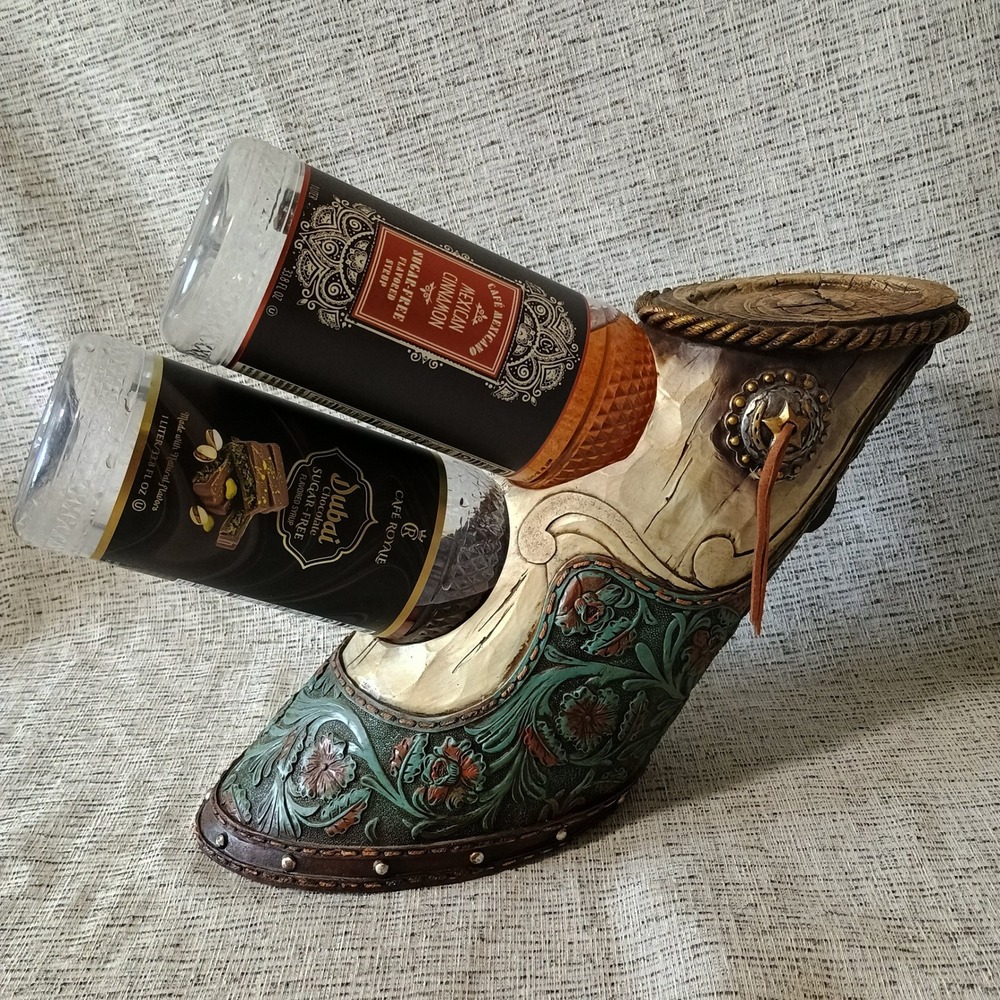 Western Floral Tooled Double Wine Bottle Holder Teal Copper Rustic Decor